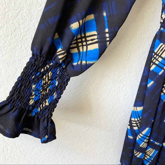 NANETTE LEPORE Mari Plaid Navy Printed Smocked Midi Dress 2 - Picture 5 of 13